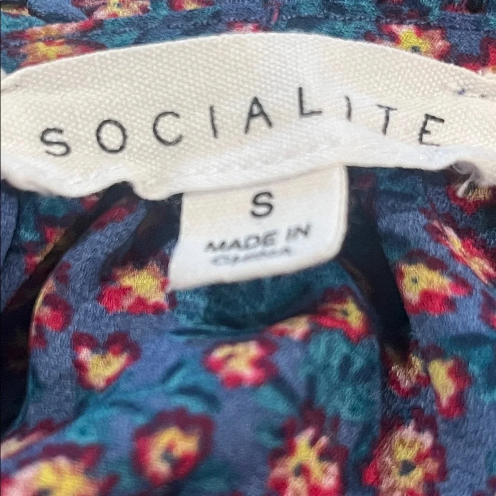 SOCIALITE BLUE DITSY Floral LONG SLEEVE PEPLUM Blouse with Ruffle Details SZ S